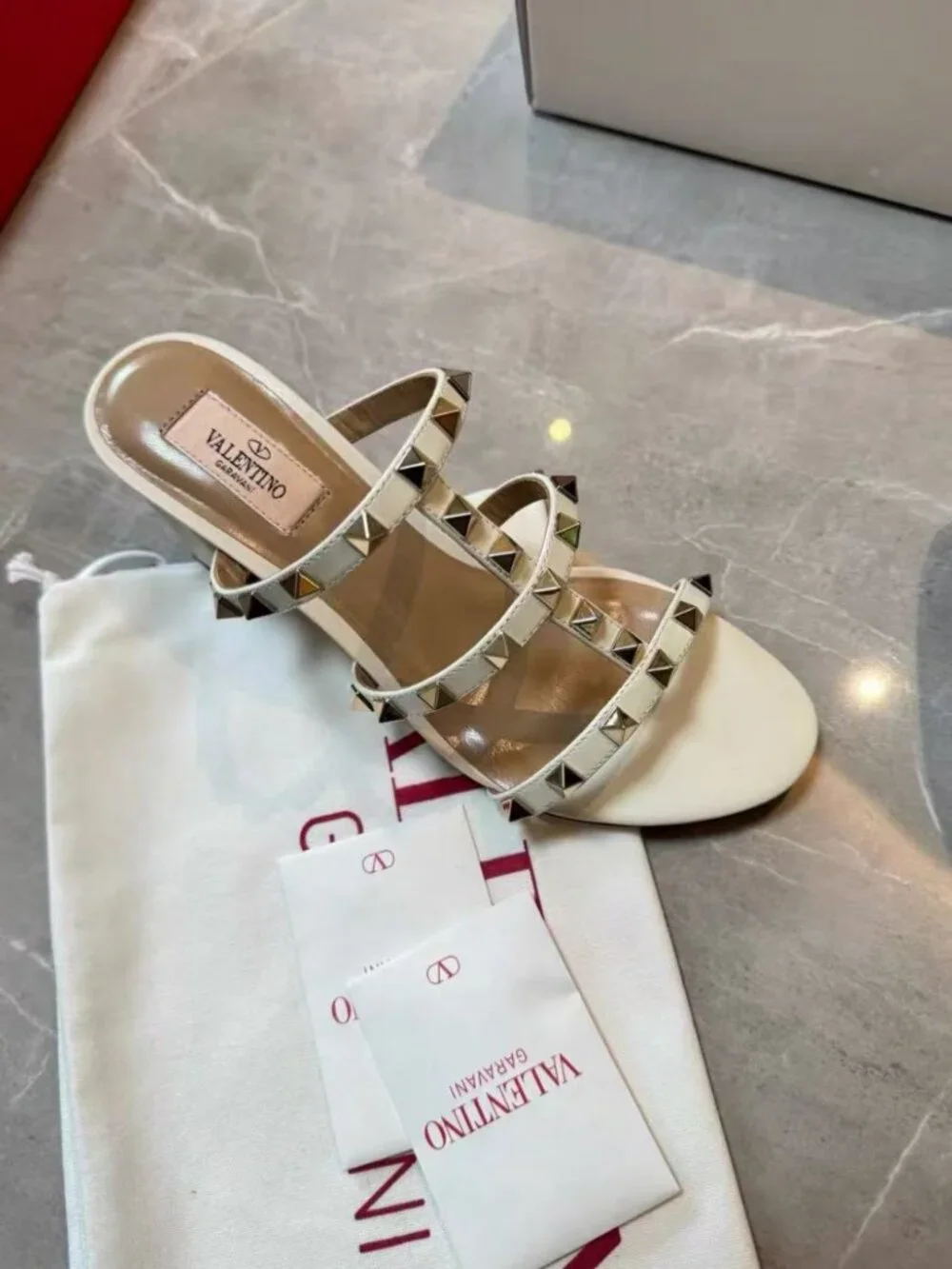Valentino Open‑Toe Rock‑Stud Strappy White Leather Chunky‑Heel Mule Slides